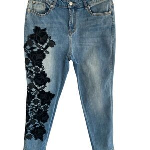 Azi mid rise  Blue Jeans with Black velvet floral Detail